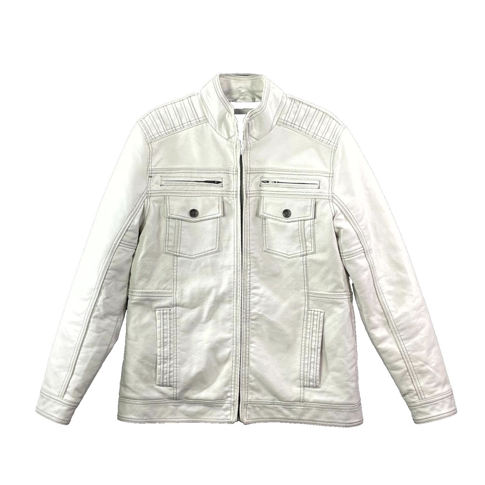 BKE Faux Leather Jacket Mens Medium White Full Zip Outdoor Biker Motorcycle Cafe